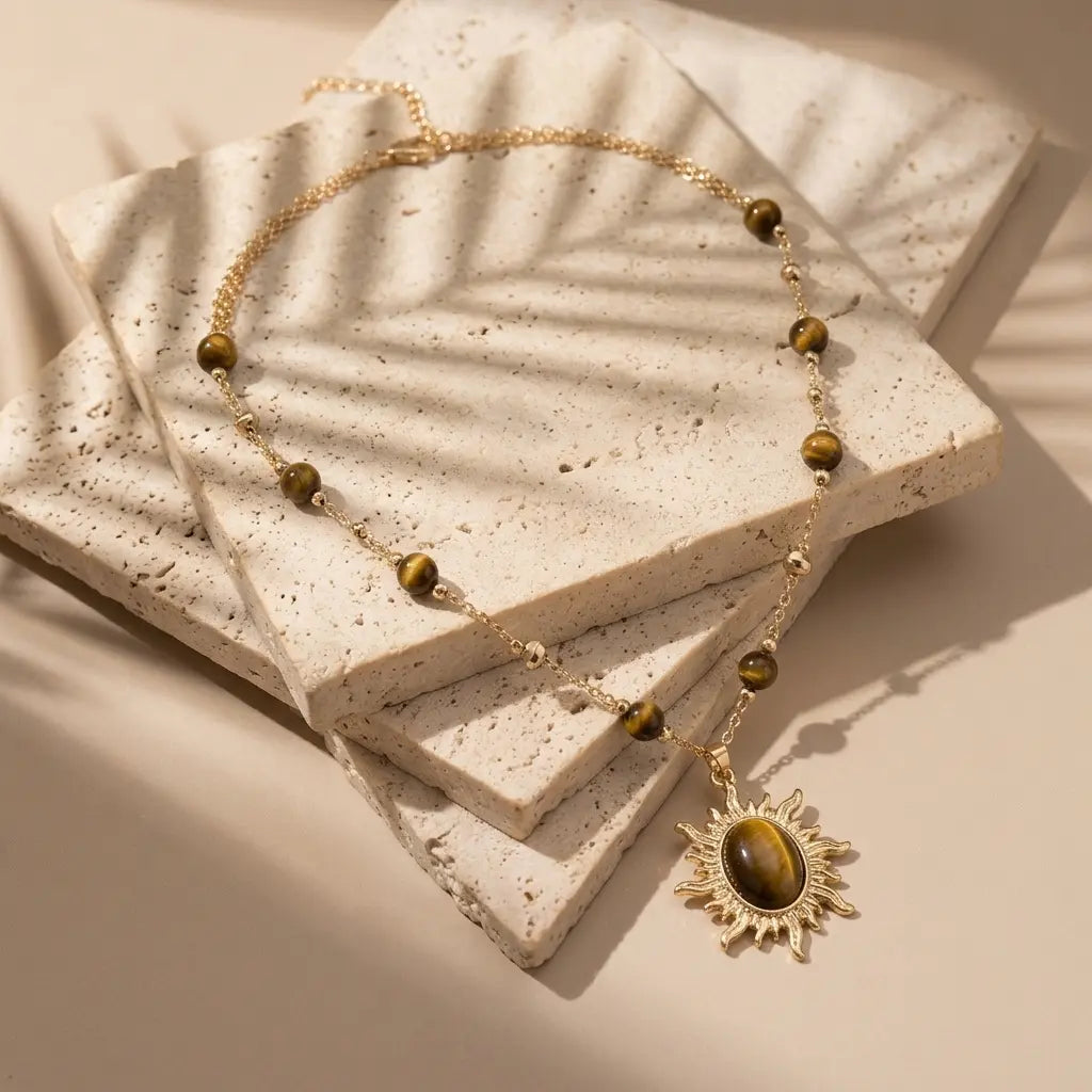 Sunflower Pendant Necklace | Tiger Eye & Cat Eye Stone on Alloy Chain