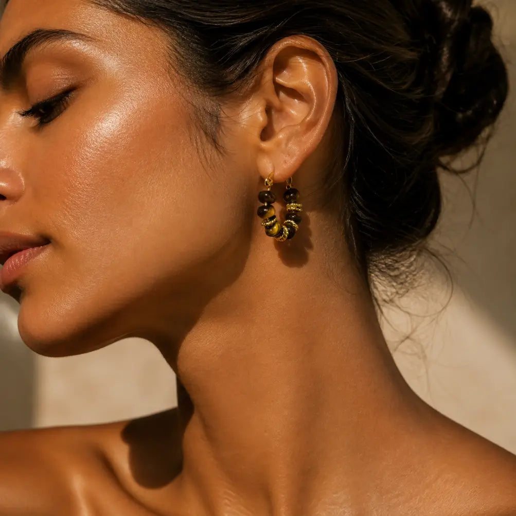 Tiger Eye Beaded Hoop Earrings | Gold-Tone Copper Alloy