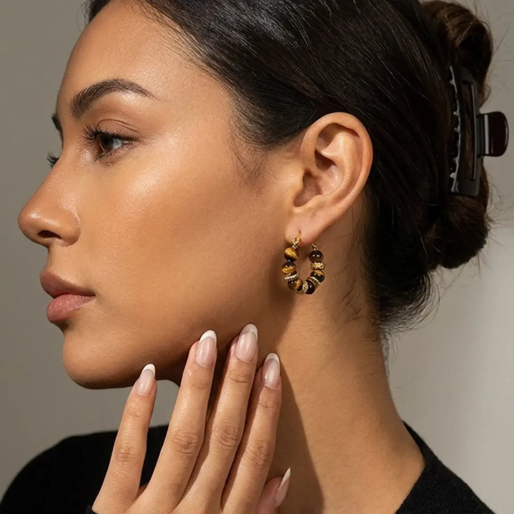 Tiger Eye Beaded Hoop Earrings | Gold-Tone Copper Alloy