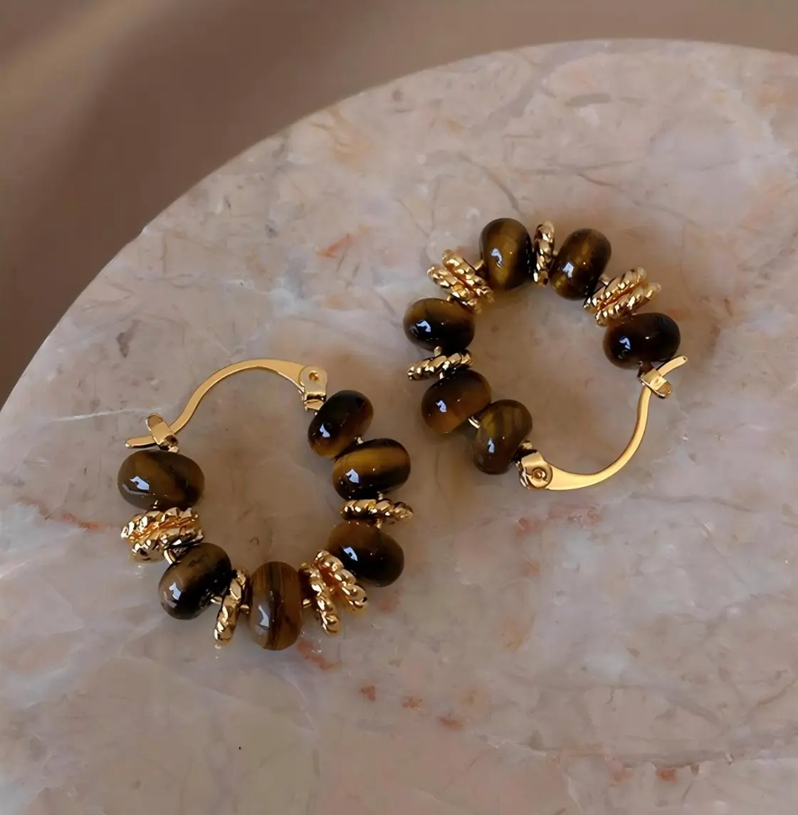 Tiger Eye Beaded Hoop Earrings | Gold-Tone Copper Alloy