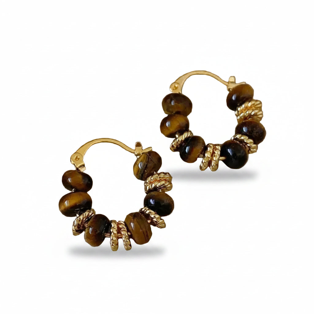 Tiger Eye Beaded Hoop Earrings | Gold-Tone Copper Alloy