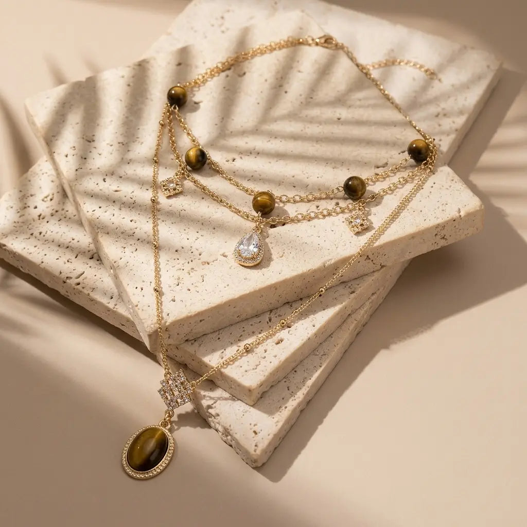 Ensemble collier double couche Œil de Tigre et Perle | À porter séparément ou ensemble