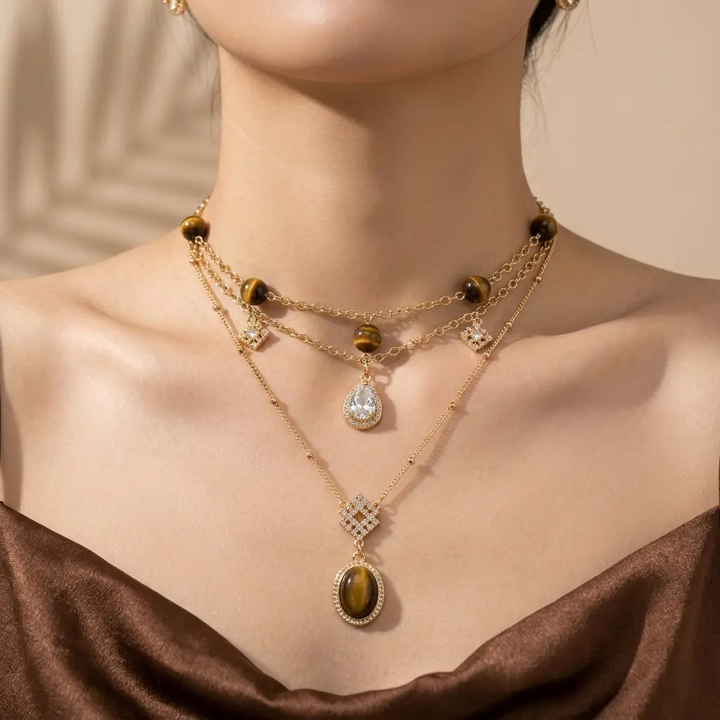 Tiger Eye & Pearl Double Layer Necklace Set | Wear Separately or Together