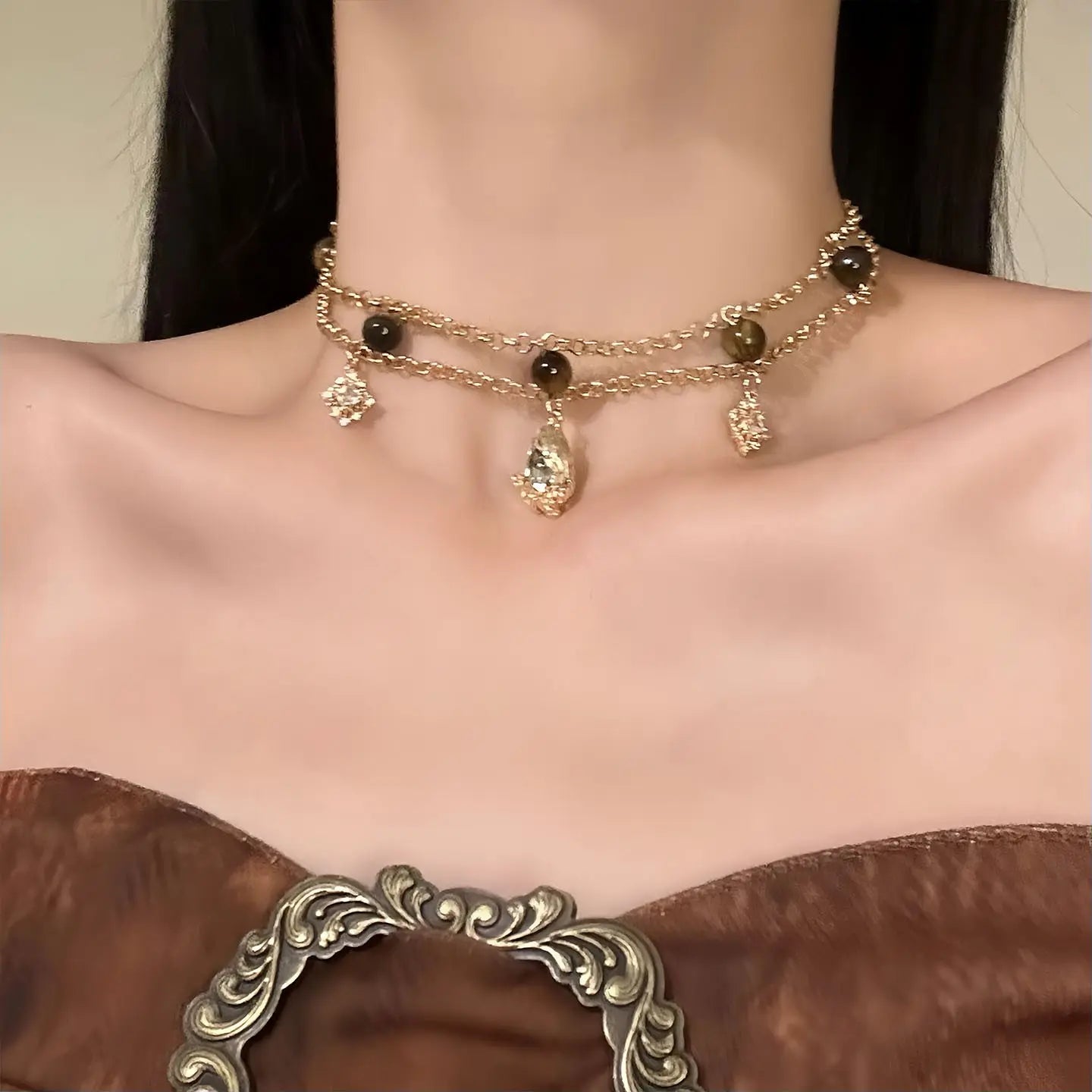Tiger Eye & Pearl Double Layer Necklace Set | Wear Separately or Together