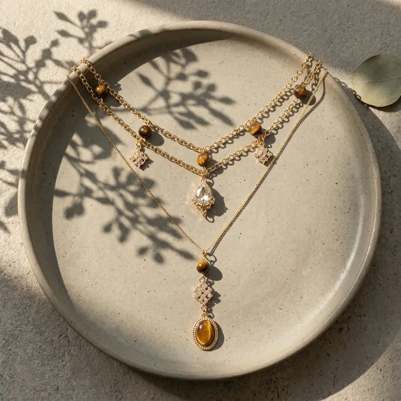 Gold tiger eye double layer necklace set laid in round speckled ceramic dish: double chain with tiger eye beads and rhinestone star charms with pear-cut zirconia drop, and Y-drop chain with oval tiger eye cabochon pendant, botanical branch shadow, warm beige stone surface background

