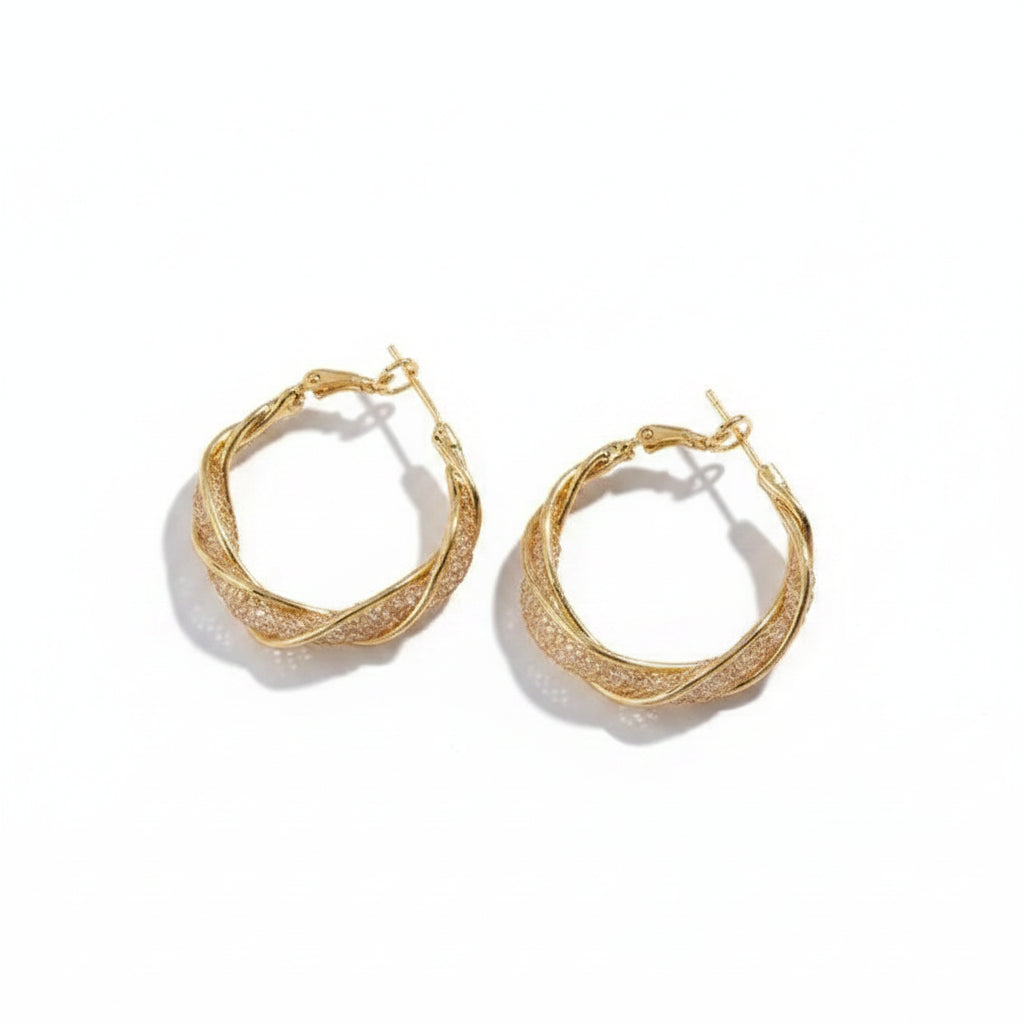 Twisted Mesh Hoop Earrings | Gold-Tone Alloy & Crystal