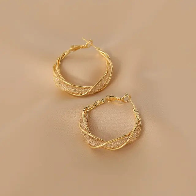 Twisted Mesh Hoop Earrings | Gold-Tone Alloy & Crystal
