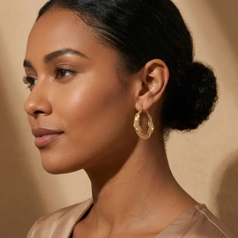 Twisted Mesh Hoop Earrings | Gold-Tone Alloy & Crystal
