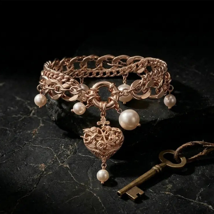 Vintage baroque rose gold-tone double-layer chain bracelet with faux pearl bead drops and baroque filigree cherub heart charm pendant with pearl drop, displayed on black marble surface with antique bronze skeleton key prop on leather cord, dramatic single spotlight, black background, AI-generated image

