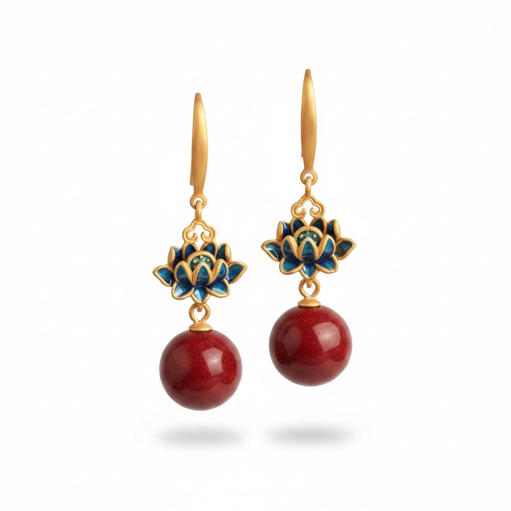 Vintage Enamel Lotus Drop | Cinnabar & 925 Silver Earring
