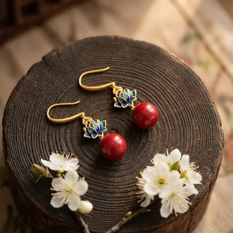 Vintage Enamel Lotus Drop | Cinnabar & 925 Silver Earring
