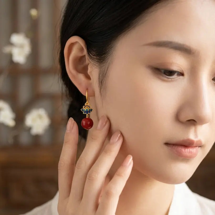 Vintage Enamel Lotus Drop | Cinnabar & 925 Silver Earring