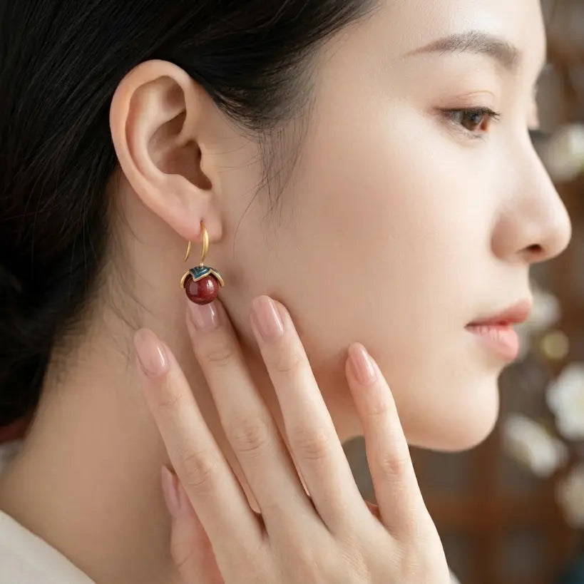 Vintage Enamel Petal Drop | Cinnabar & 925 Silver Earring