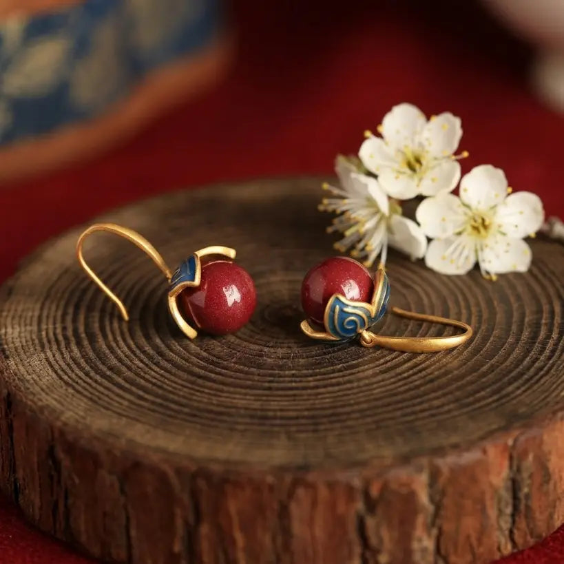 Vintage Enamel Petal Drop | Cinnabar & 925 Silver Earring