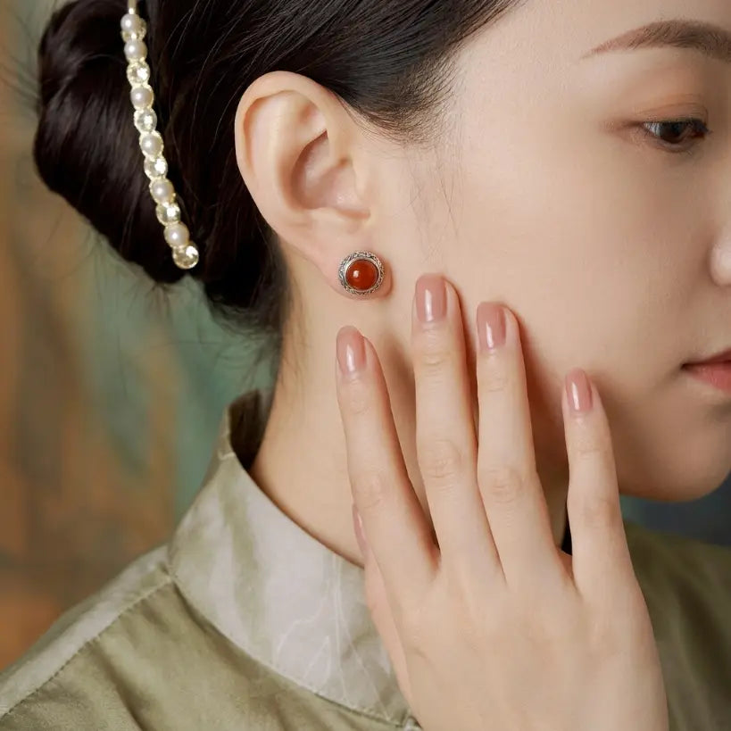 Vintage Scrollwork Stud | Nanhong Stone & 925 Silver Earring