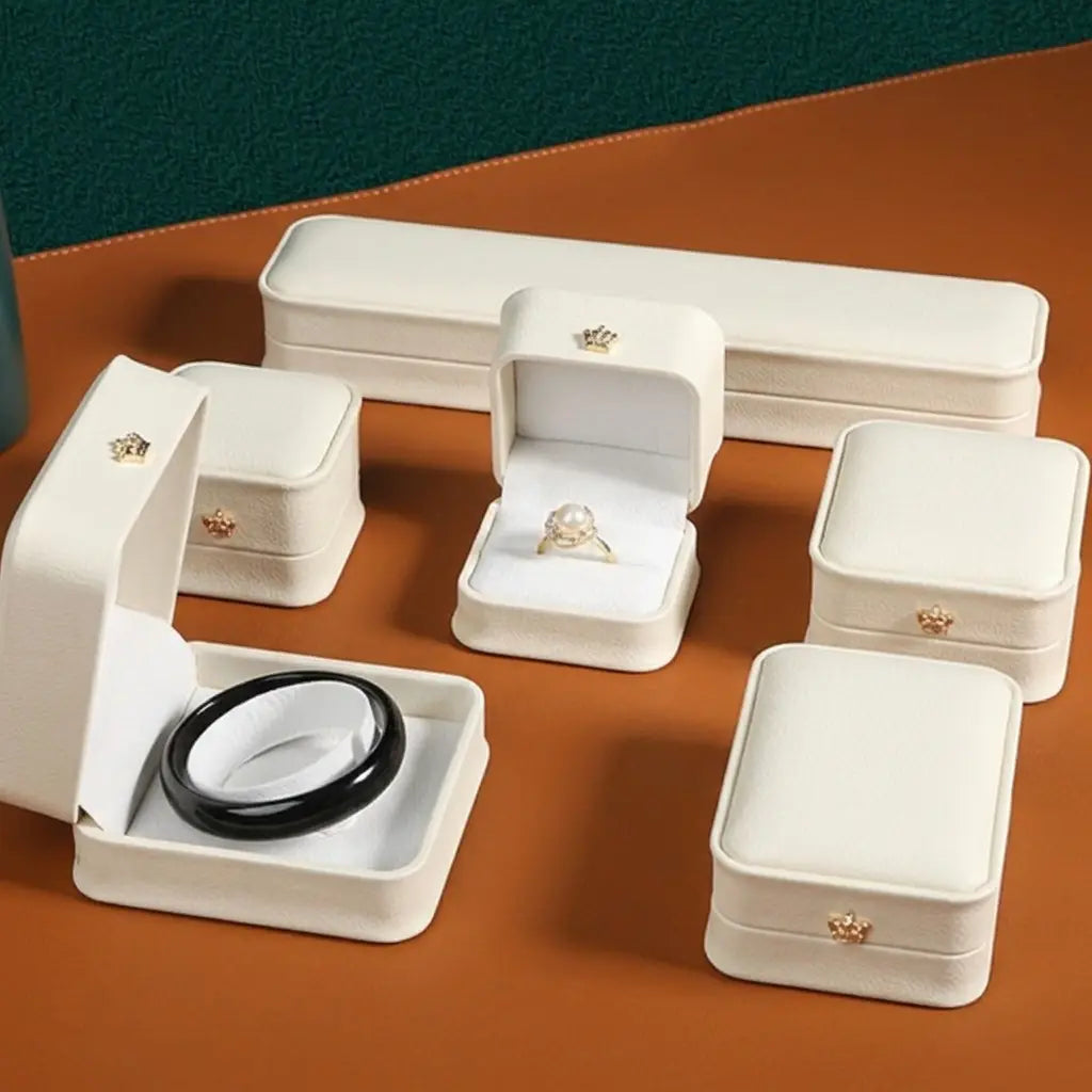White Jewelry Box | PU Leather Crown Clasp Gift Box — 6 Sizes
