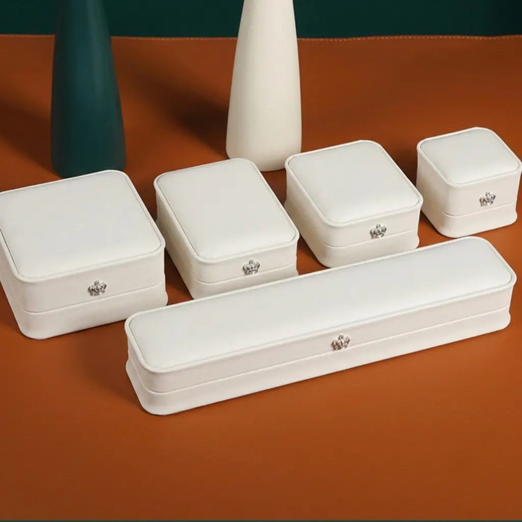 White Jewelry Box | PU Leather Crown Clasp Gift Box — 6 Sizes