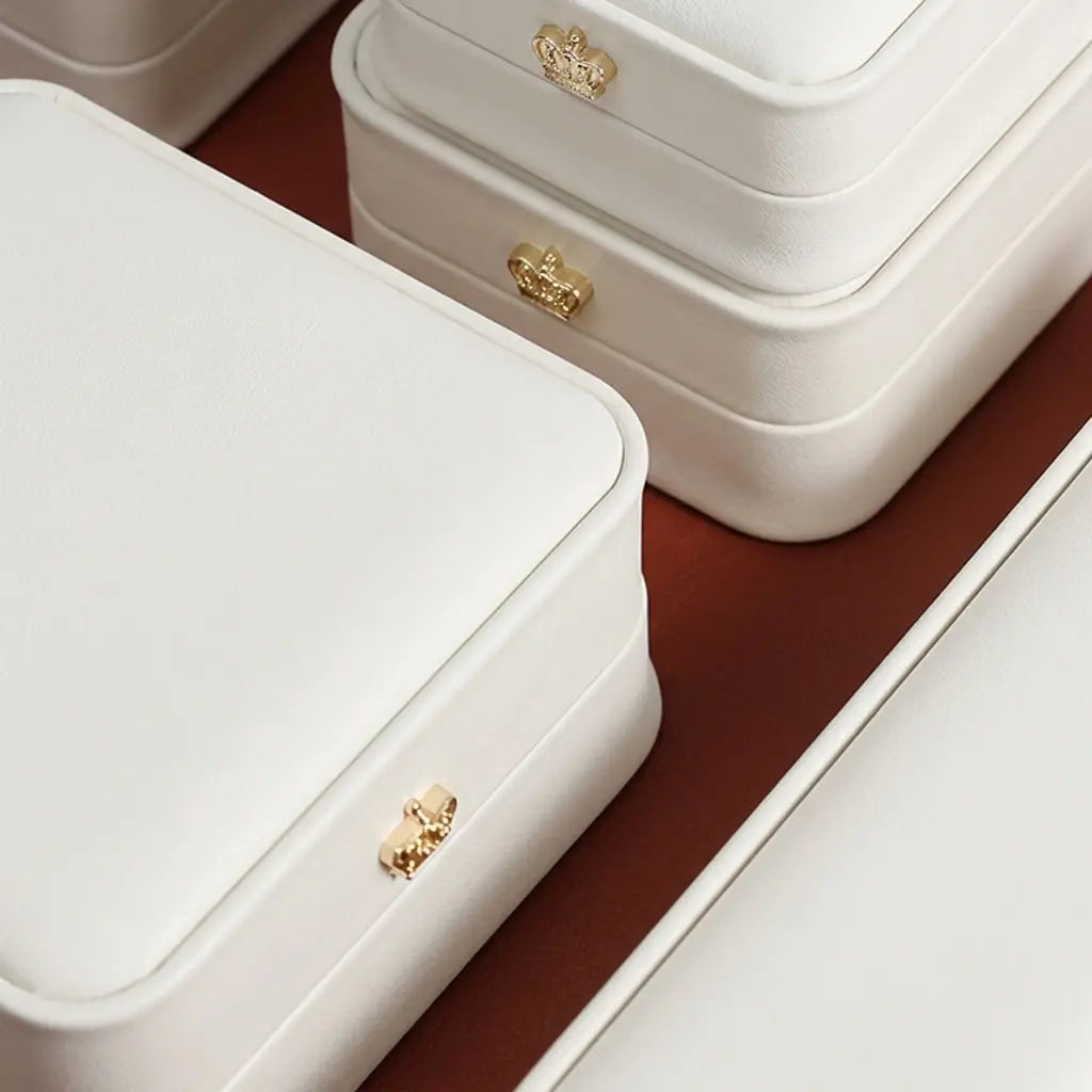 White Jewelry Box | PU Leather Crown Clasp Gift Box — 6 Sizes