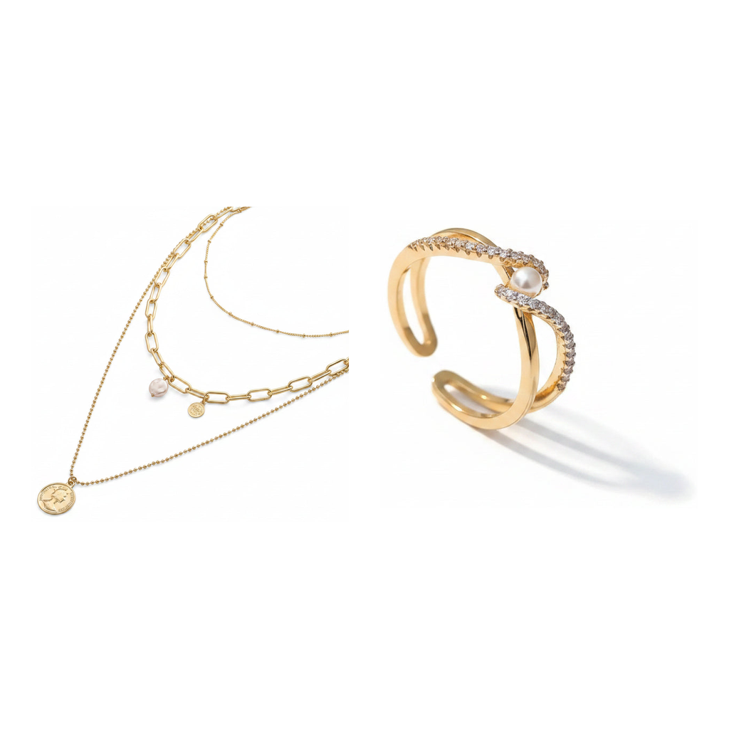 Baroque pearl layered necklace and geometric pearl ring gift set, two pieces side by side